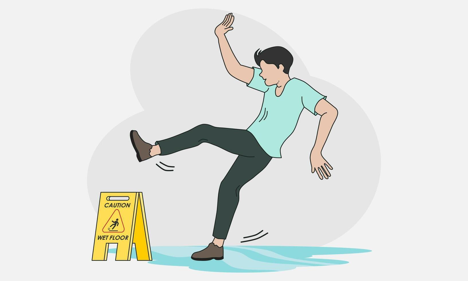 A man slipping and falling down. Wet floor warning and caution sign. Vector illustration.