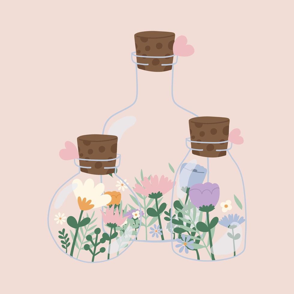 Flat hand drawn vector illustration of cute pastel glass bottles with flowers. Decorative element for card, postcard, sticker, invitation, social media poster. Wedding, birthday, love concept