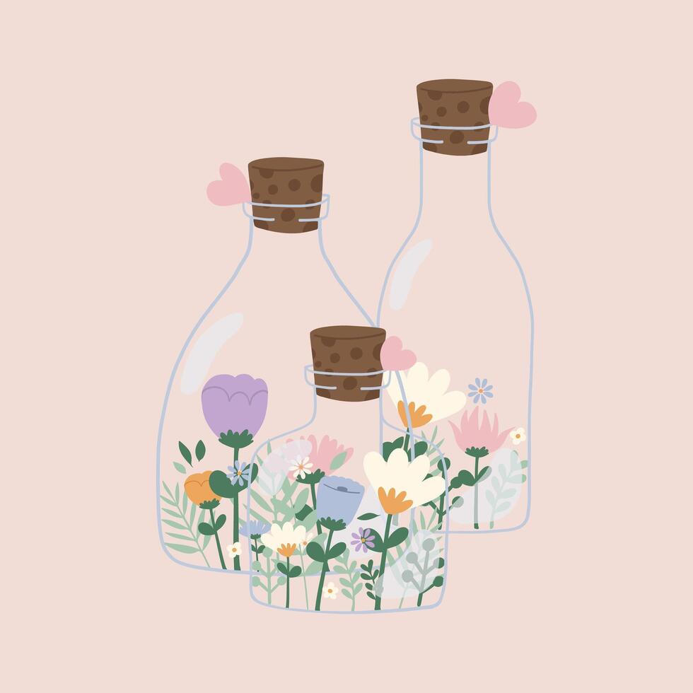 Flat hand drawn vector illustration of cute pastel glass bottles with flowers. Decorative element for card, postcard, sticker, invitation, social media poster. Wedding, birthday, love concept