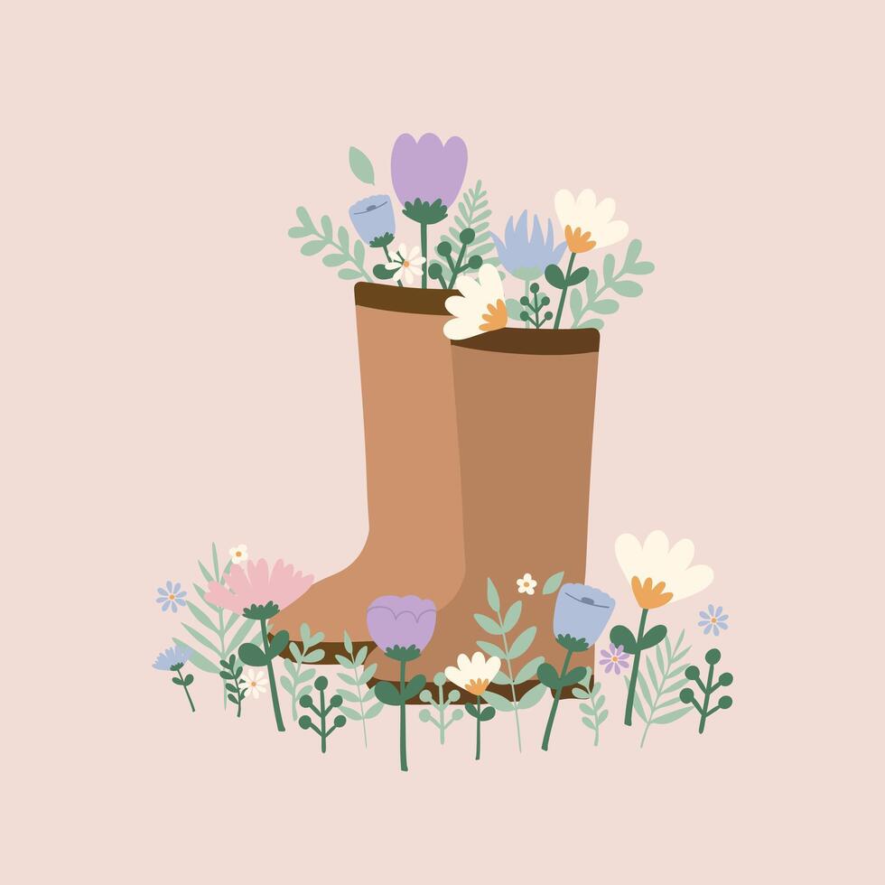 Flat hand drawn vector illustration of cute pastel boots with wild flowers. Decorative element for card, postcard, sticker, banner, invitation, social media poster. Wedding, birthday, love concept