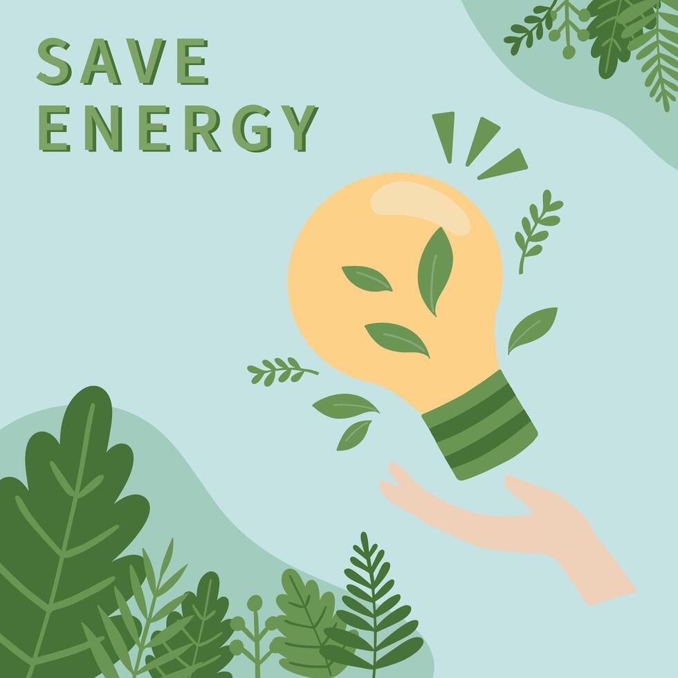 Hand drawn vector illustration of Happy Earth day, world environment day concept minimal flat doodle drawing. Hands holding light bulb green energy. For web, banner, campaign, social media post.