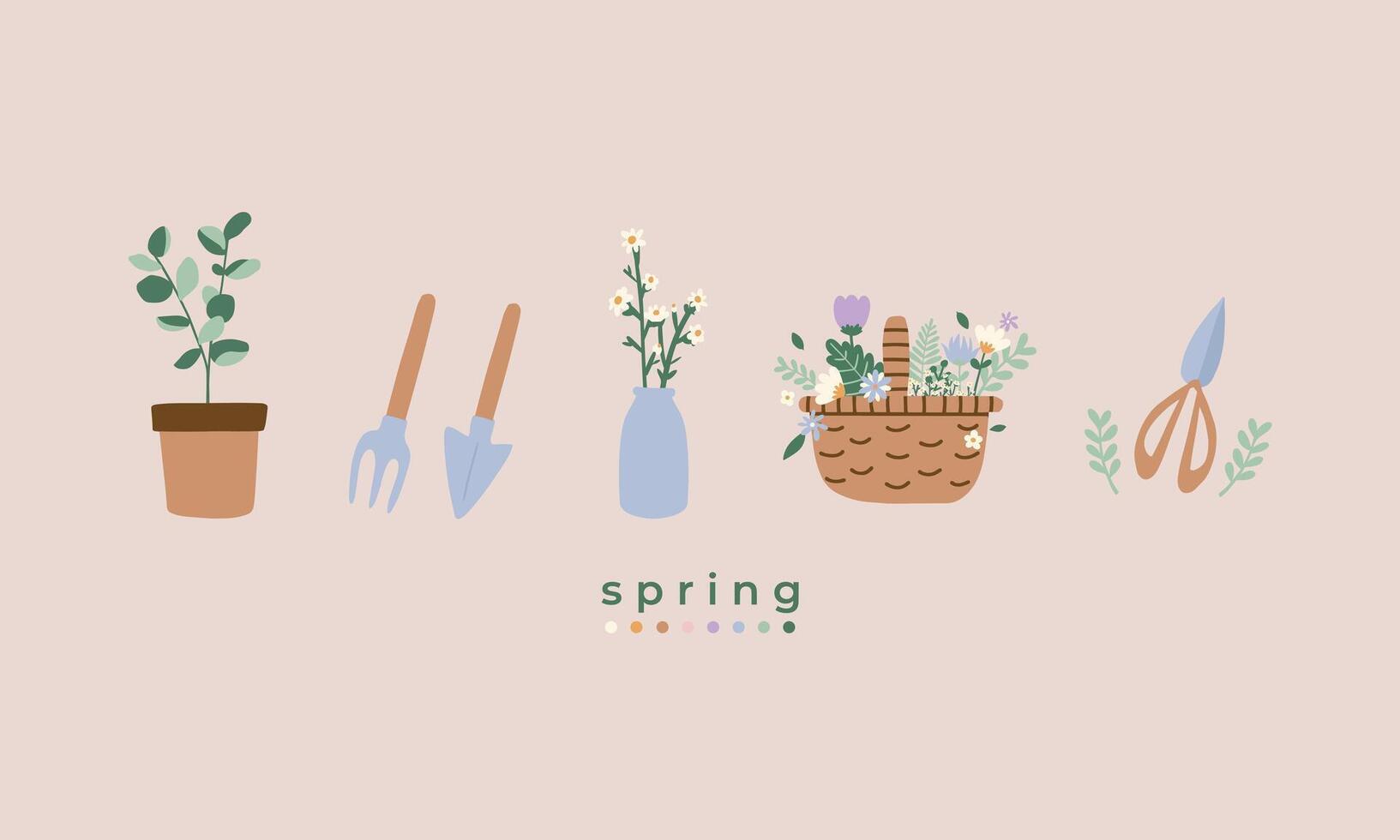 hand drawn vector flat illustration set of spring season holiday. Cute elements doodle collection. For poster, card, scrapbookin , tag, invitation, headboard, banner, graphic resource, social media