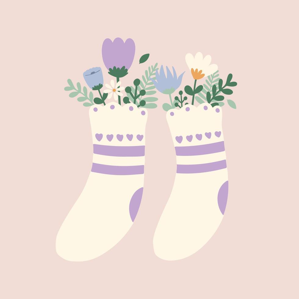 Flat hand drawn vector illustration of cute pastel heart sock with wild flowers. Decorative element for card, postcard, sticker, banner, invitation, social media poster. Wedding, birthday,love concept