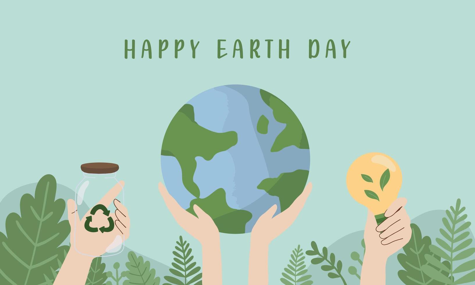 Hand drawn vector illustration of earth day, world environment day concept minimal flat doodle drawing. Hands holding the earth, reusable container, green energy light bulb. For web, banner, media
