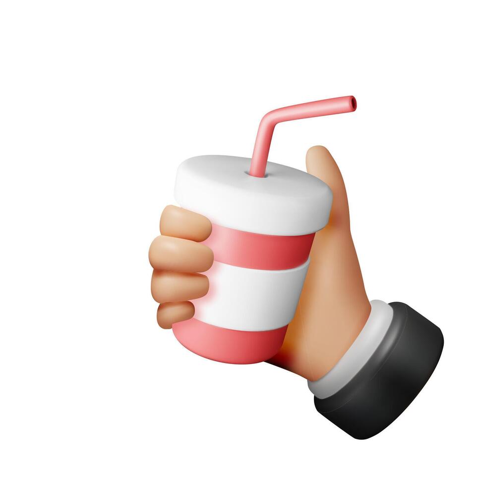 3d realista rojo desechable taza con Paja en mano aislado. hacer papel vaso con Bebiendo paja. envase para bebidas rápido alimento. vector ilustración