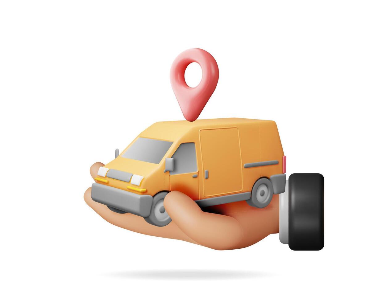 3D Delivery Van Car in Hand Isolated on White. Render Express Delivering Services Commercial Truck. Concept of Fast and Free Delivery by Car. Cargo and Logistic. Cartoon Vector Illustration