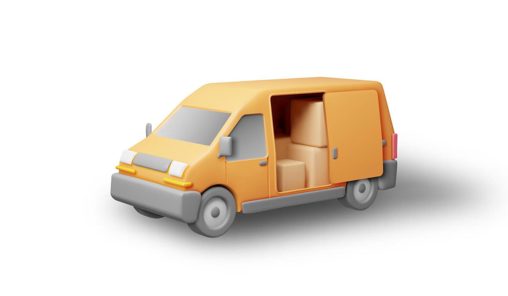 3D Delivery Van full of Cardboard Boxes Isolated. Render Express Delivering Services Commercial Truck. Concept of Fast and Free Delivery by Car. Cargo and Logistic. Realistic Vector Illustration