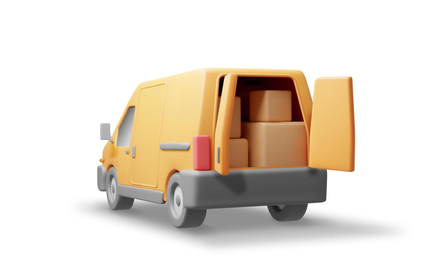 3D Delivery Van full of Cardboard Boxes Isolated. Render Express Delivering Services Commercial Truck. Concept of Fast and Free Delivery by Car. Cargo and Logistic. Realistic Vector Illustration