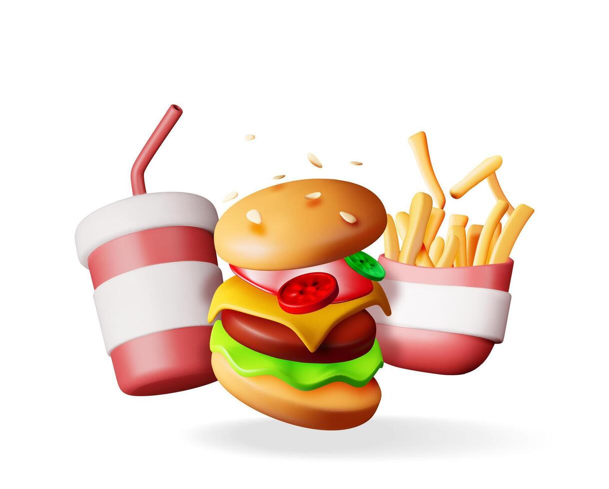 3D Cup of Cola with Fries and Cheeseburger vector