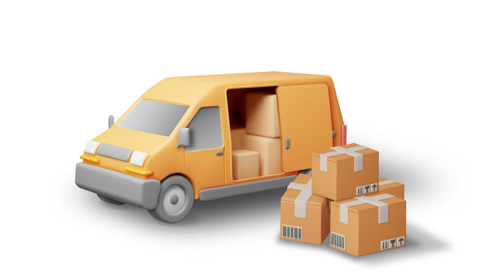 3D Delivery Van full of Cardboard Boxes Isolated. Render Express Delivering Services Commercial Truck. Concept of Fast and Free Delivery by Car. Cargo and Logistic. Realistic Vector Illustration