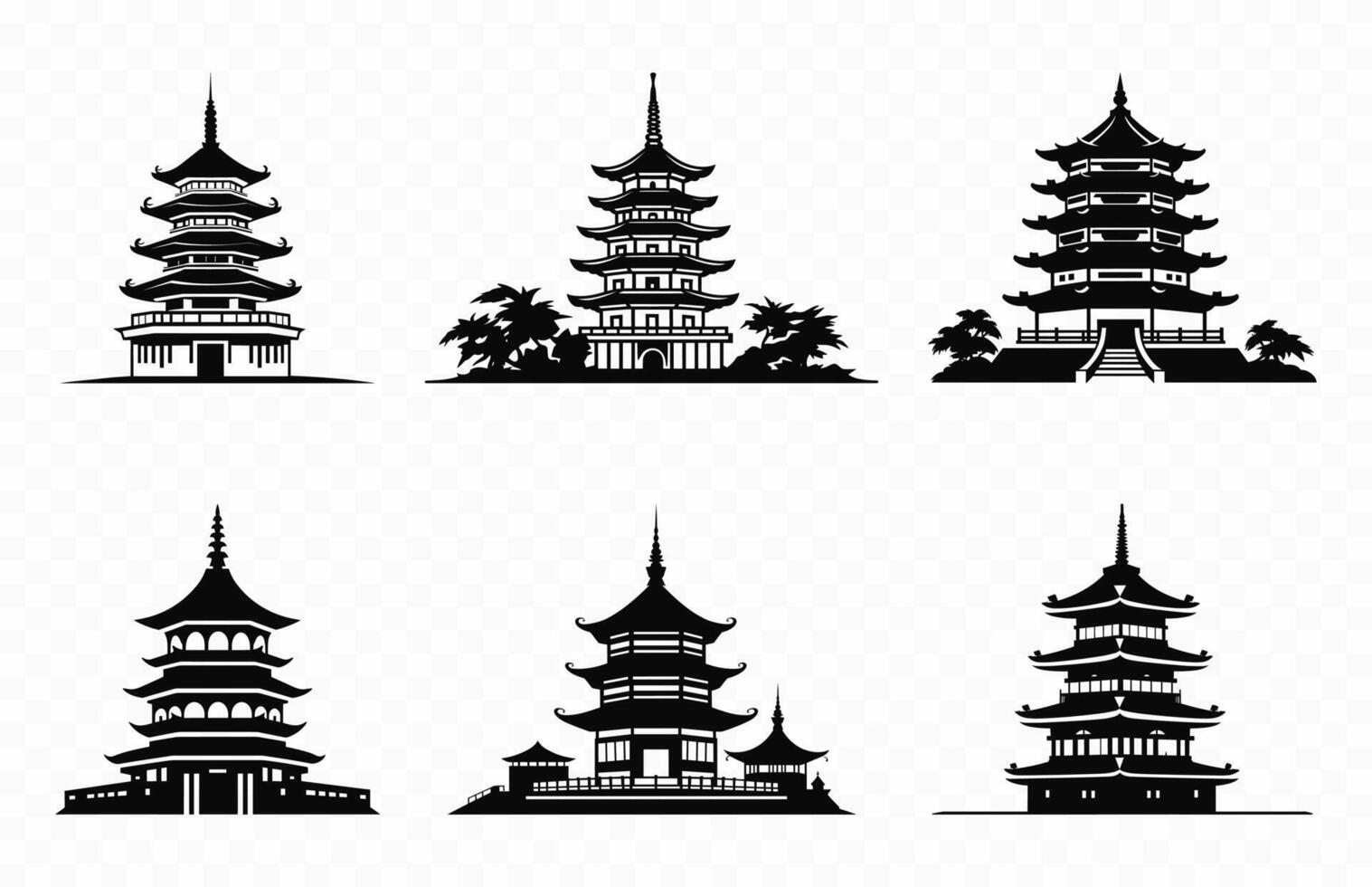 japonés pagoda silueta vector colocar, asiático pagoda punto de referencia siluetas icono