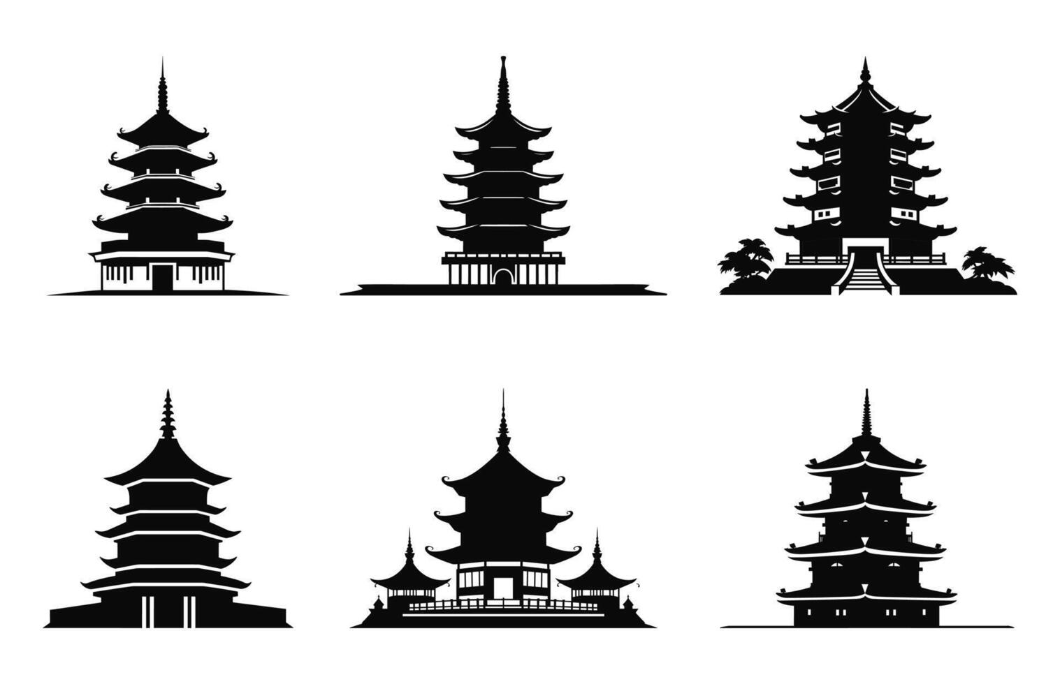 japonés pagoda silueta vector colocar, asiático pagoda punto de referencia siluetas icono