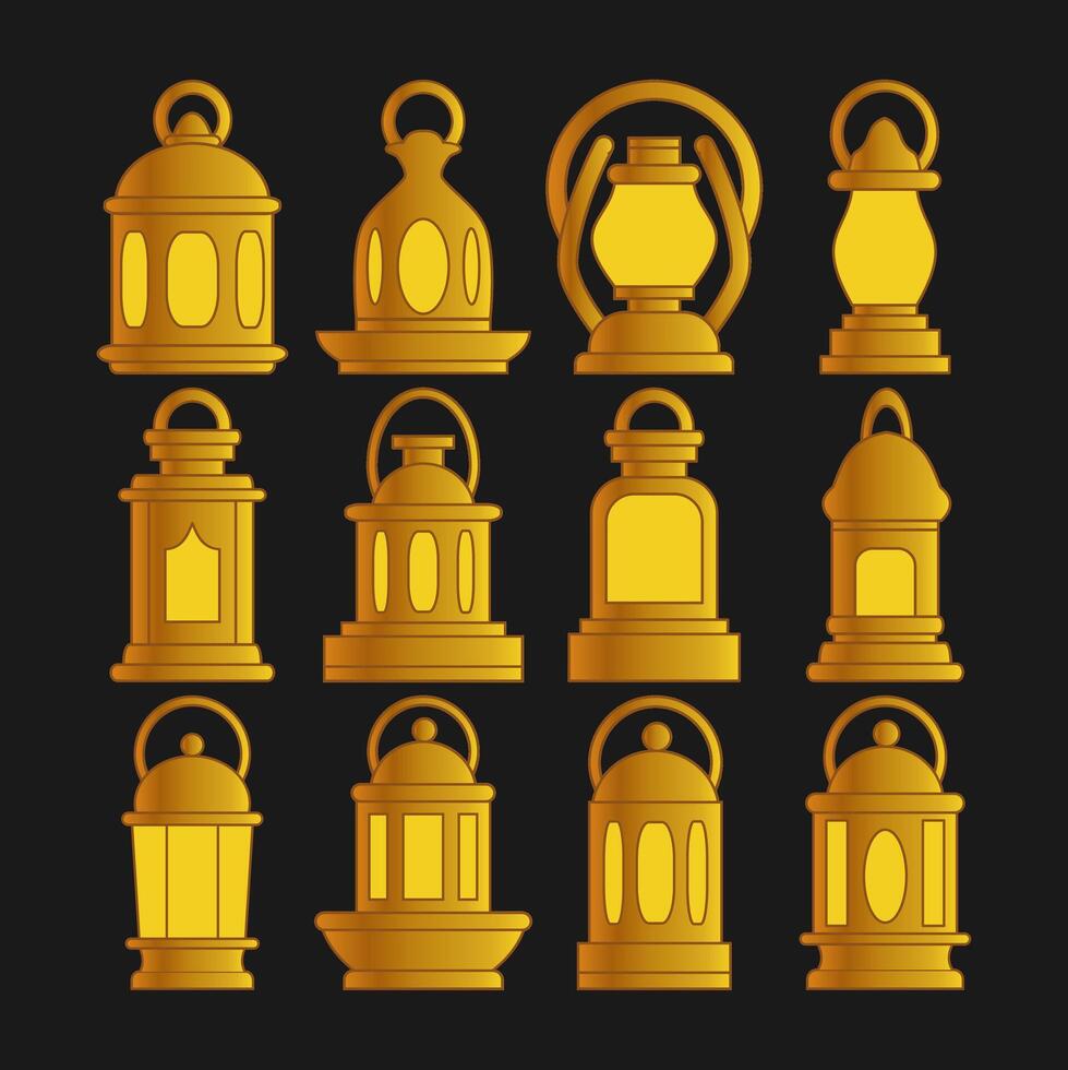 Lantern icons set, gold color on black background, vector illustration