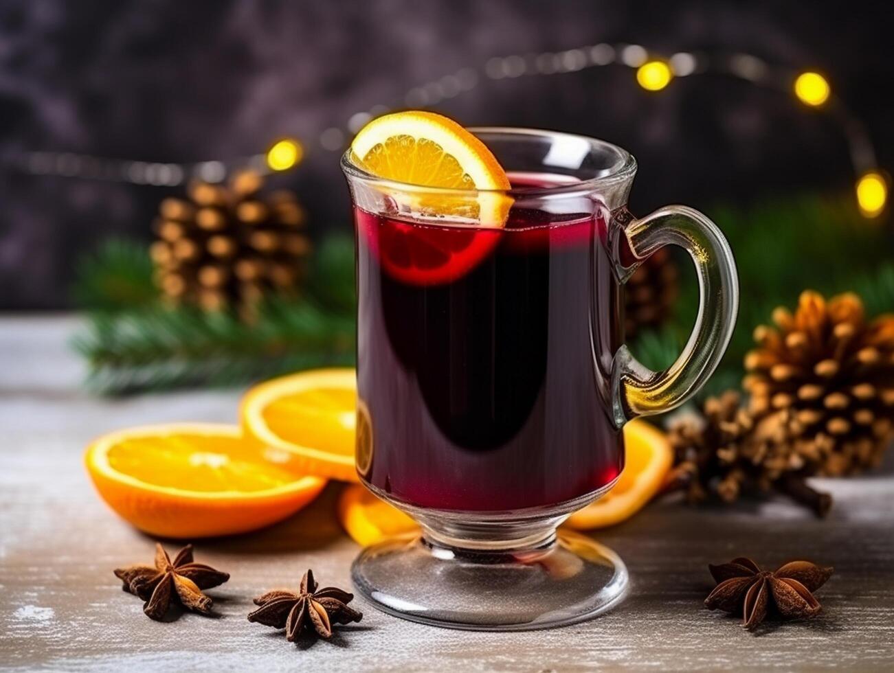 AI generated AI Generated delicious Christmas mulled wine drink with citrus, cinnamon, spices. photo