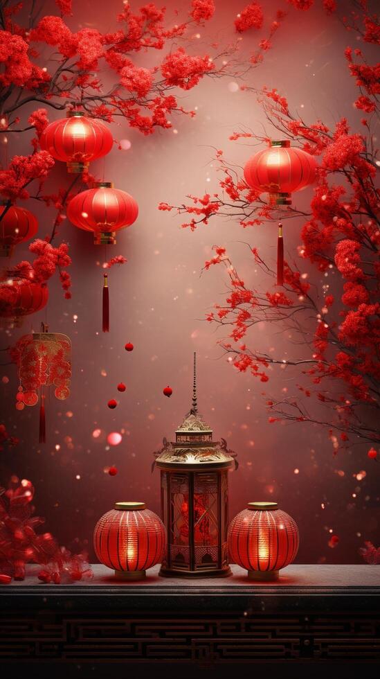 AI generated AI Generated Chinese lunar new year background design concept with lantern and festive decoration. photo