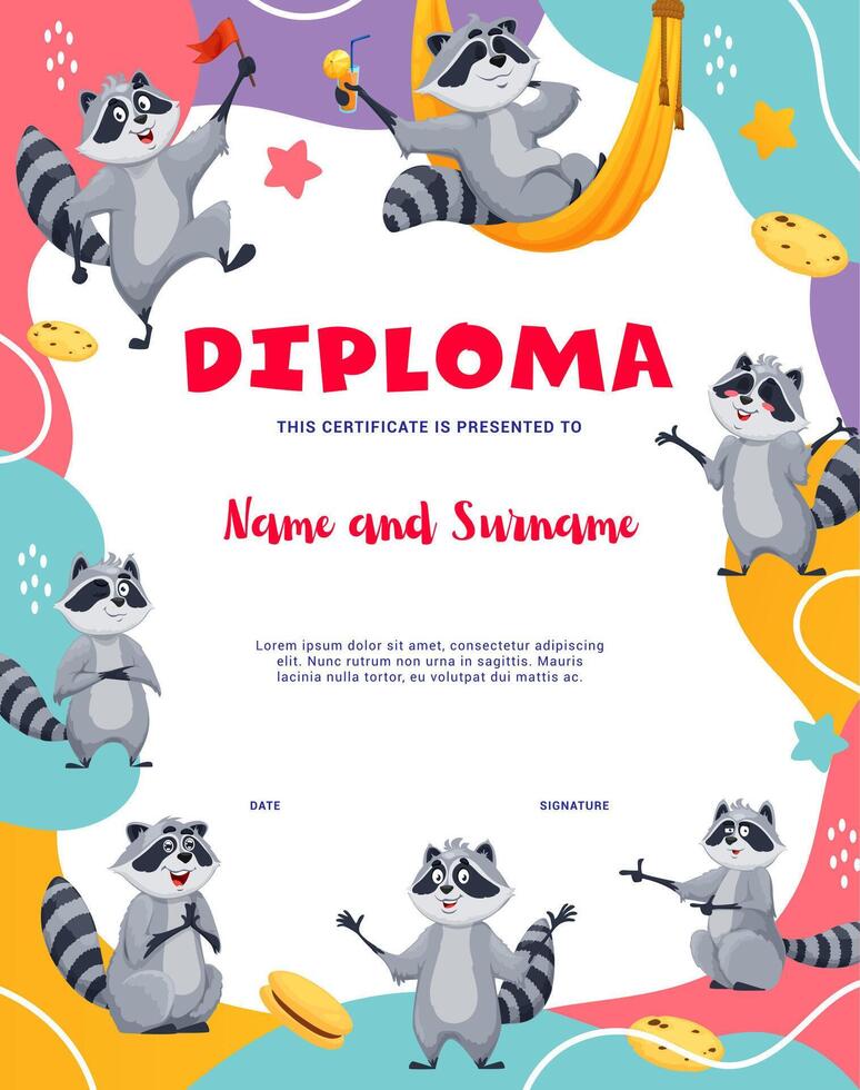 Kids diploma cartoon funny raccoon characters vector