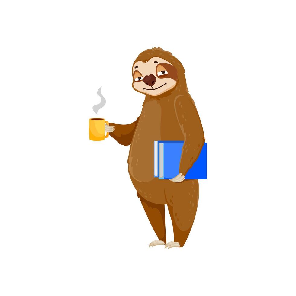 Cartoon funny sloth character with coffee cup vector