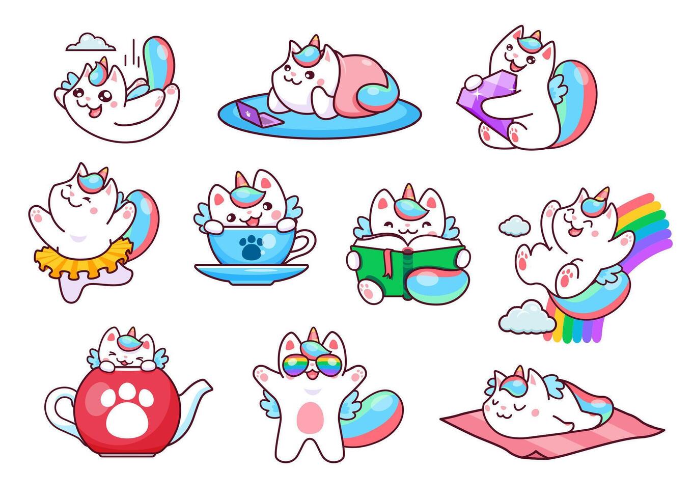 Cartoon funny cute caticorn characters, kitty vector