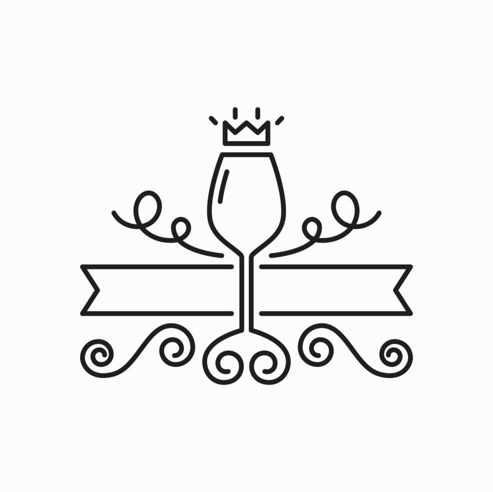 Glass of royal wine with crown, vineyard swirls vector