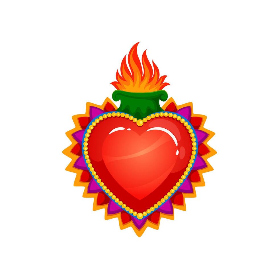 Mexican sacred heart with burning flames, tattoo vector