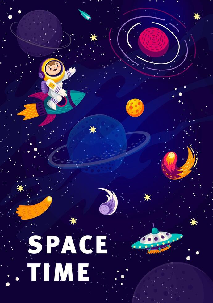 Cartoon spaceman on rocket in starry galaxy vector