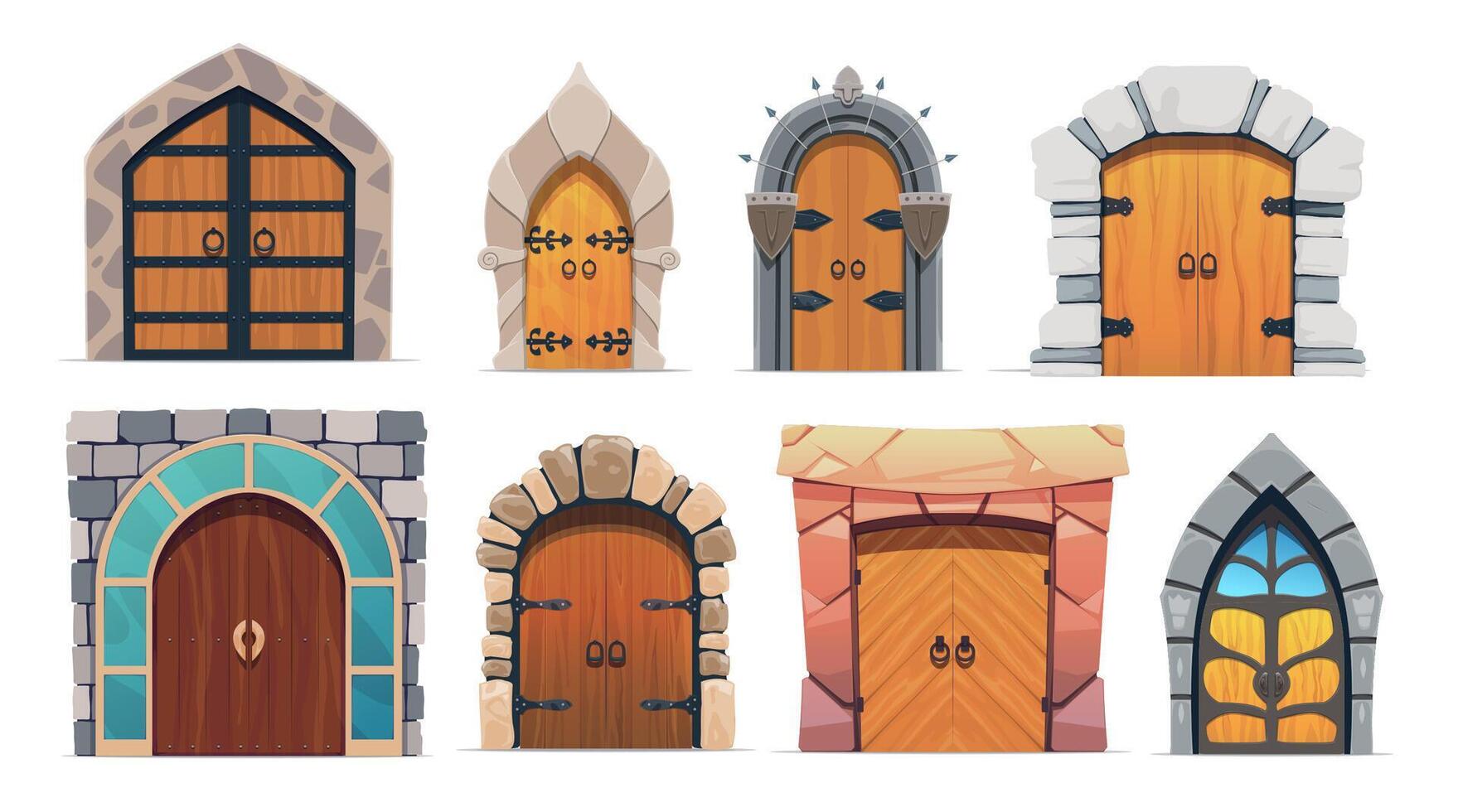 Cartoon medieval castle gates, wooden doors, arch vector