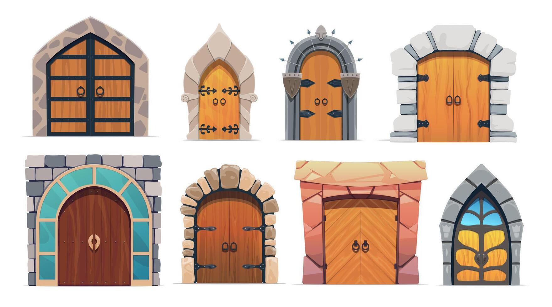 dibujos animados medieval castillo puertas, de madera puertas, arco vector