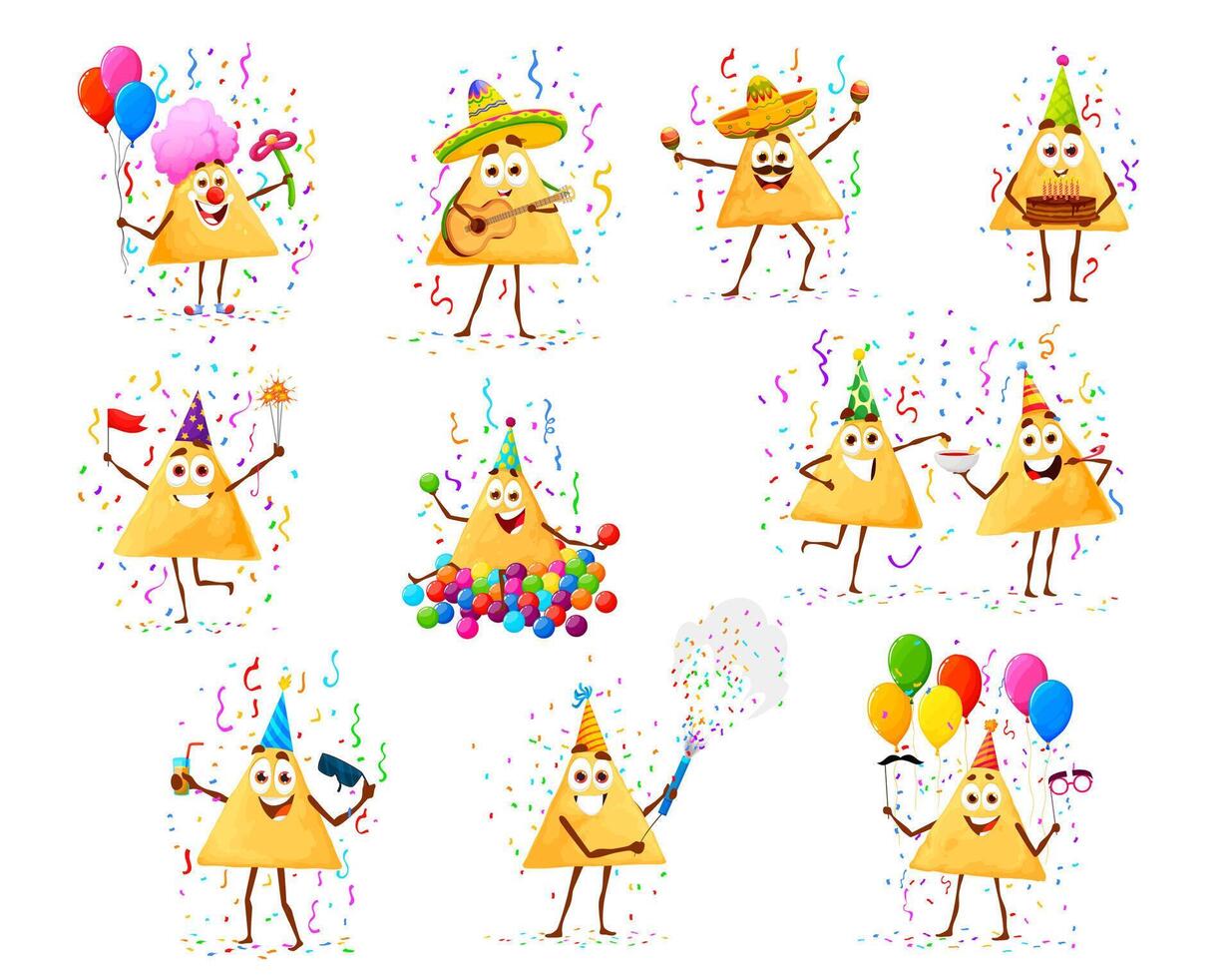 dibujos animados nachos papas fritas caracteres en cumpleaños fiesta vector