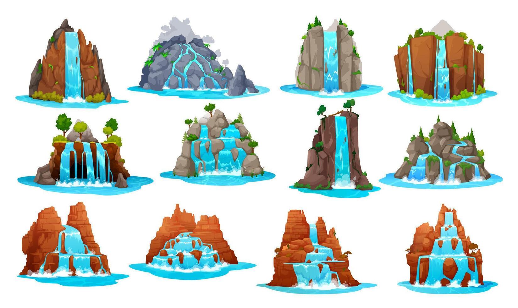 Cartoon waterfall and water cascade game asset vector