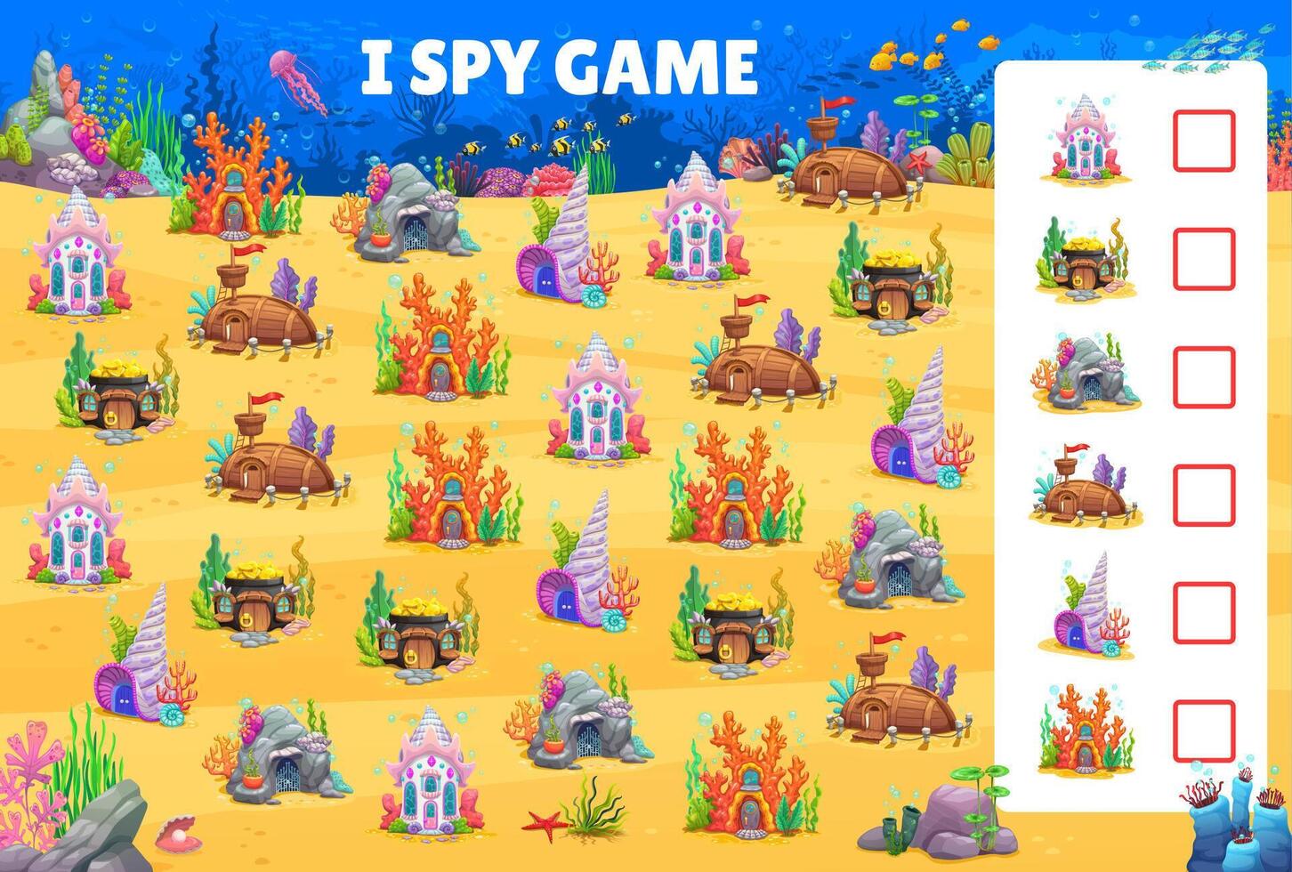 I spy game, underwater cartoon sea bottom houses vector