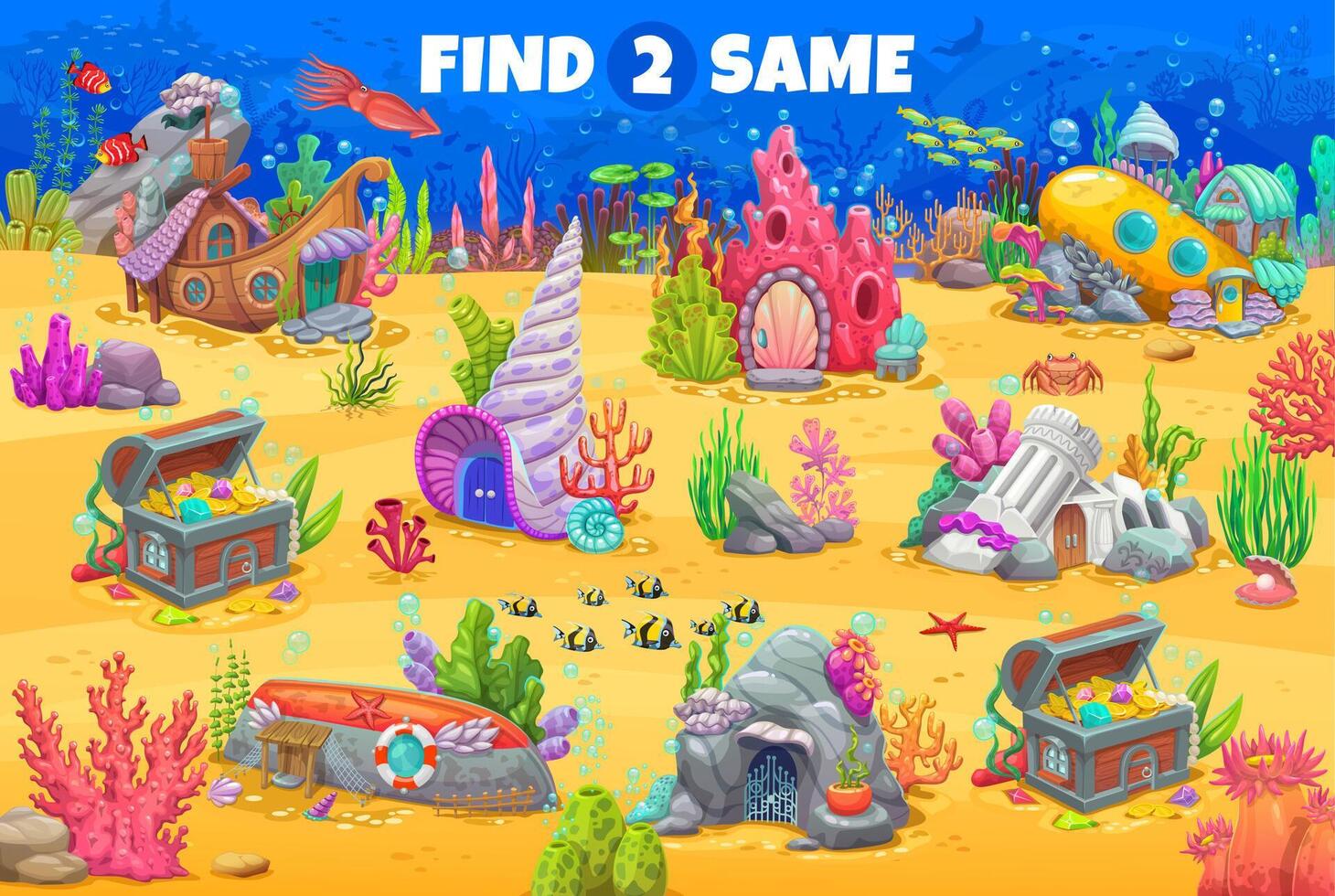 Find two same cartoon fairytail underwater houses vector