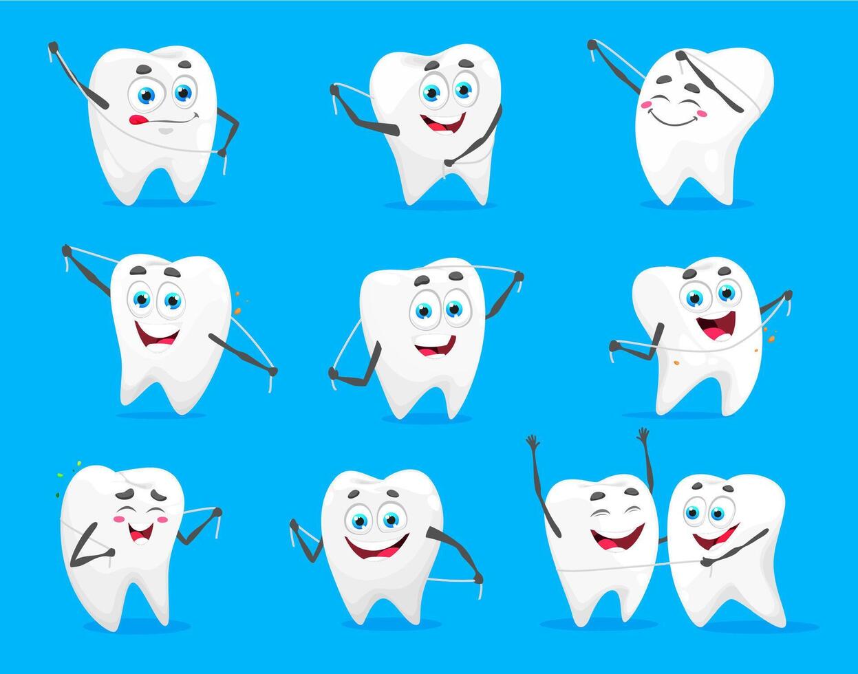 dibujos animados diente caracteres con dental seda floja vector