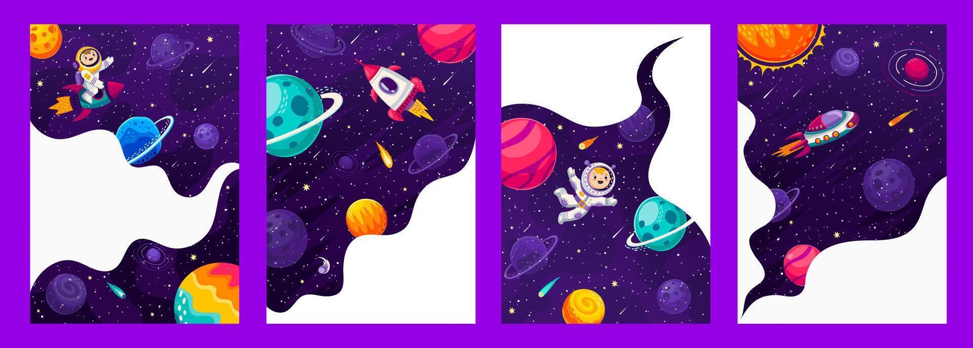 Space posters, banners, cartoon galaxy landscapes vector