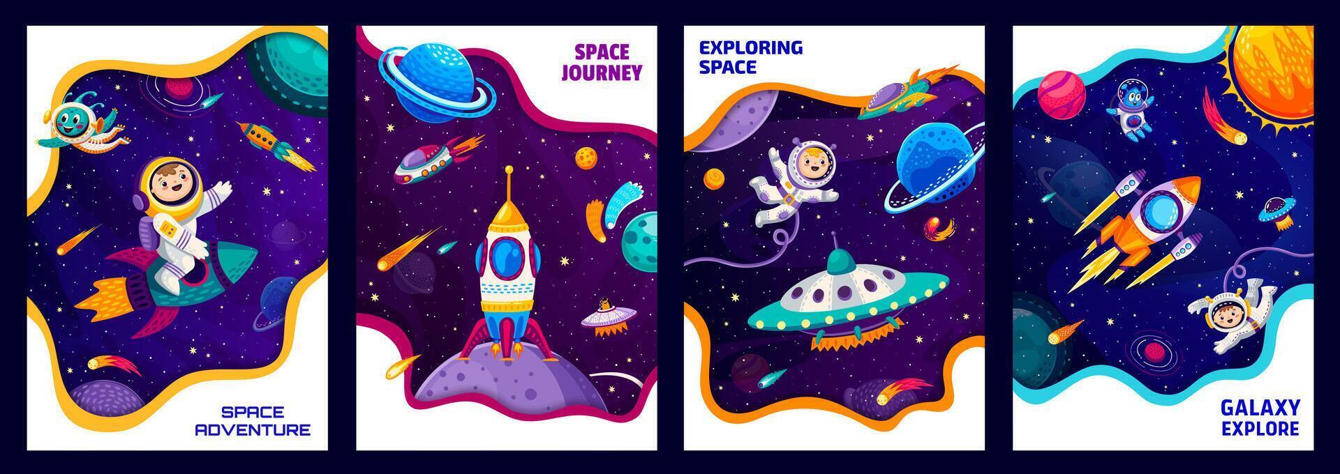 Space posters and flyers cartoon astronauts, ufo vector