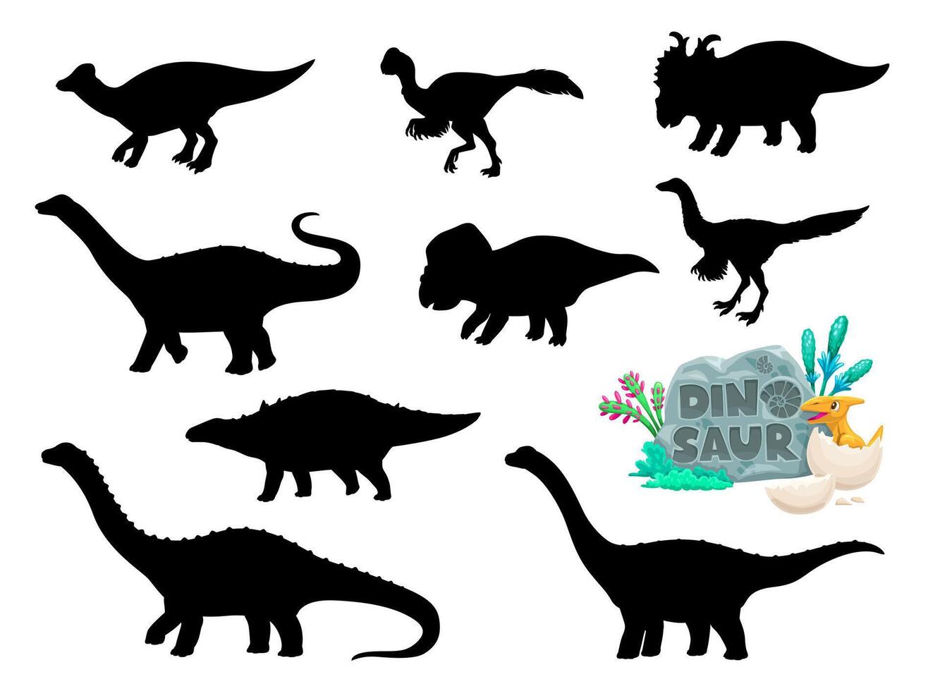 Cartoon dinosaurs funny characters silhouettes vector
