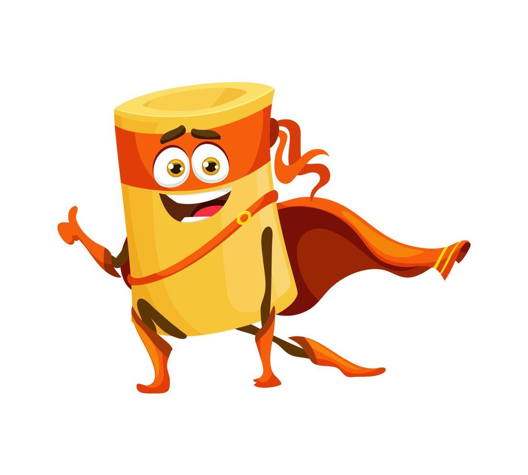 Cartoon paccheri italian pasta superhero character vector