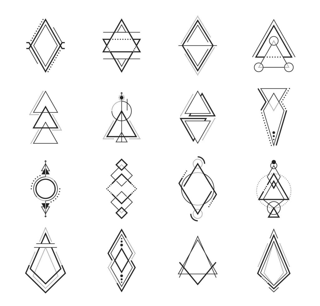 Geometric boho tattoos, bohemian art symbols set vector