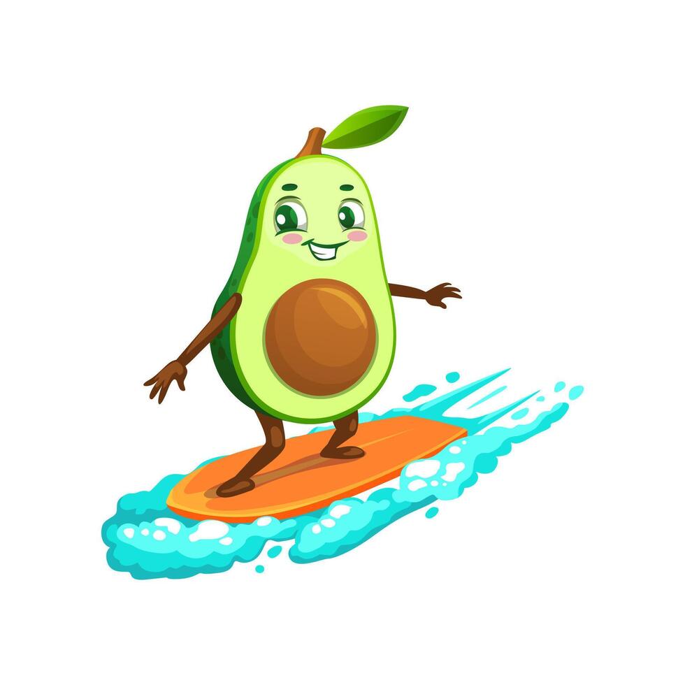 Cartoon Mexican cheerful avocado surfer character vector