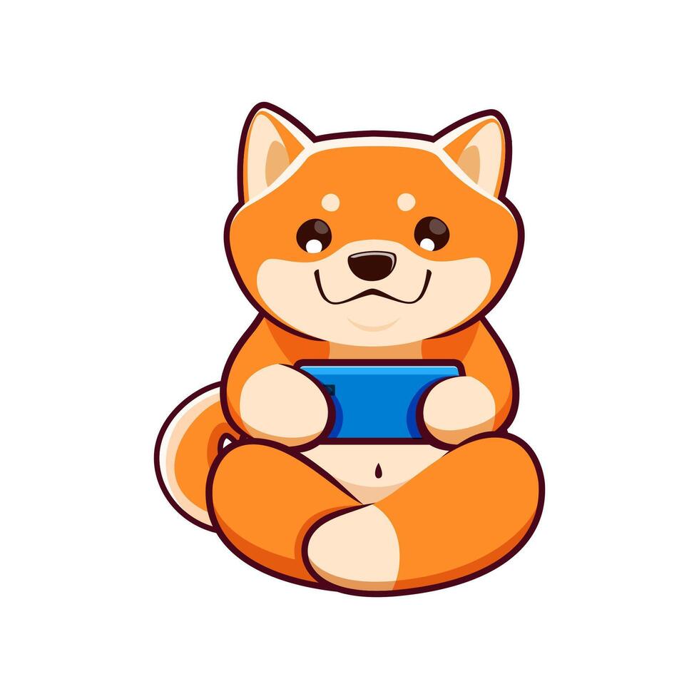 Cartoon pet shiba inu dog plays smartphone game vector