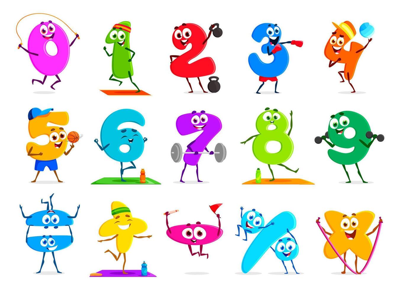 Cartoon funny number sportsman characters set vector