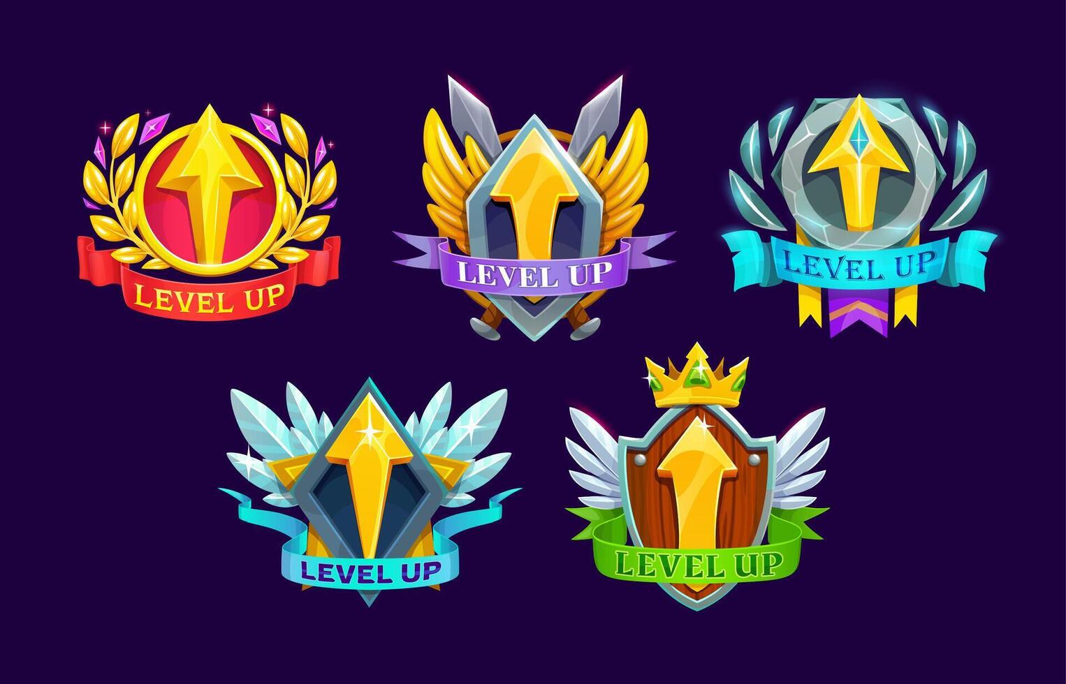 Game interface level up arrow badges and win icons vector