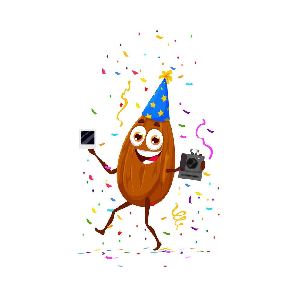 Cartoon almond nut character on birthday holiday vector