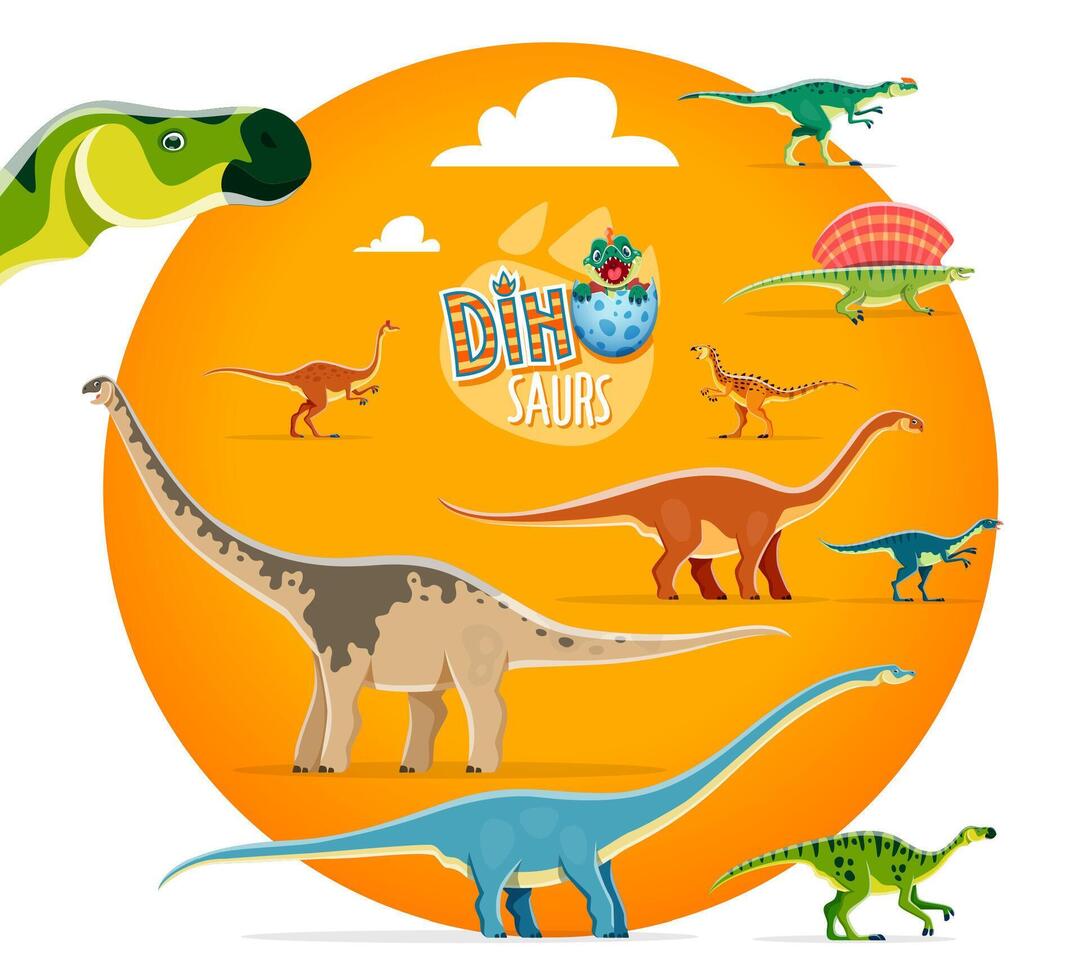 Cartoon dinosaur characters, cute extinct reptiles vector