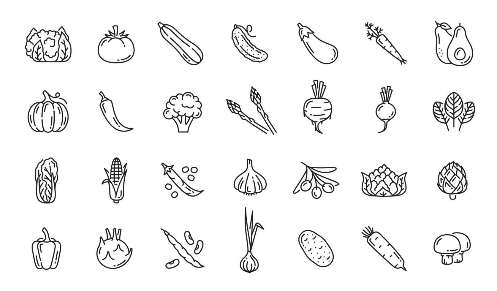 Farm raw and fresh vegetable outline icons set vector