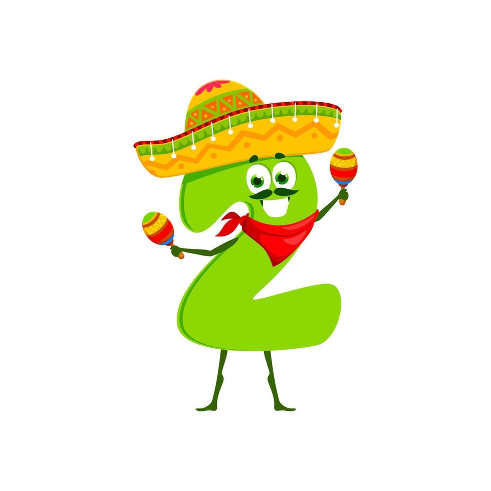 Cartoon funny math number two character mariachi vector