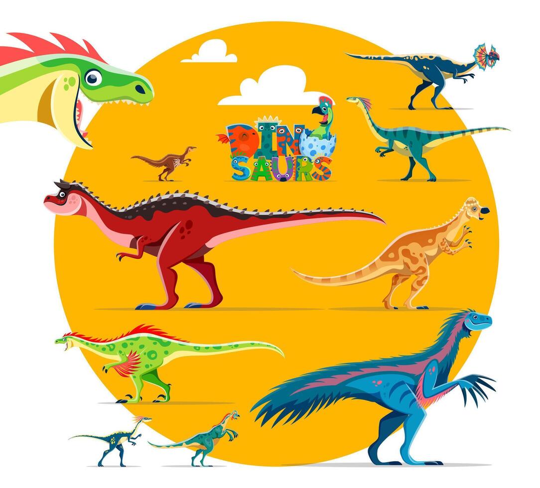 Comical dinosaurs cartoon childish characters set vector