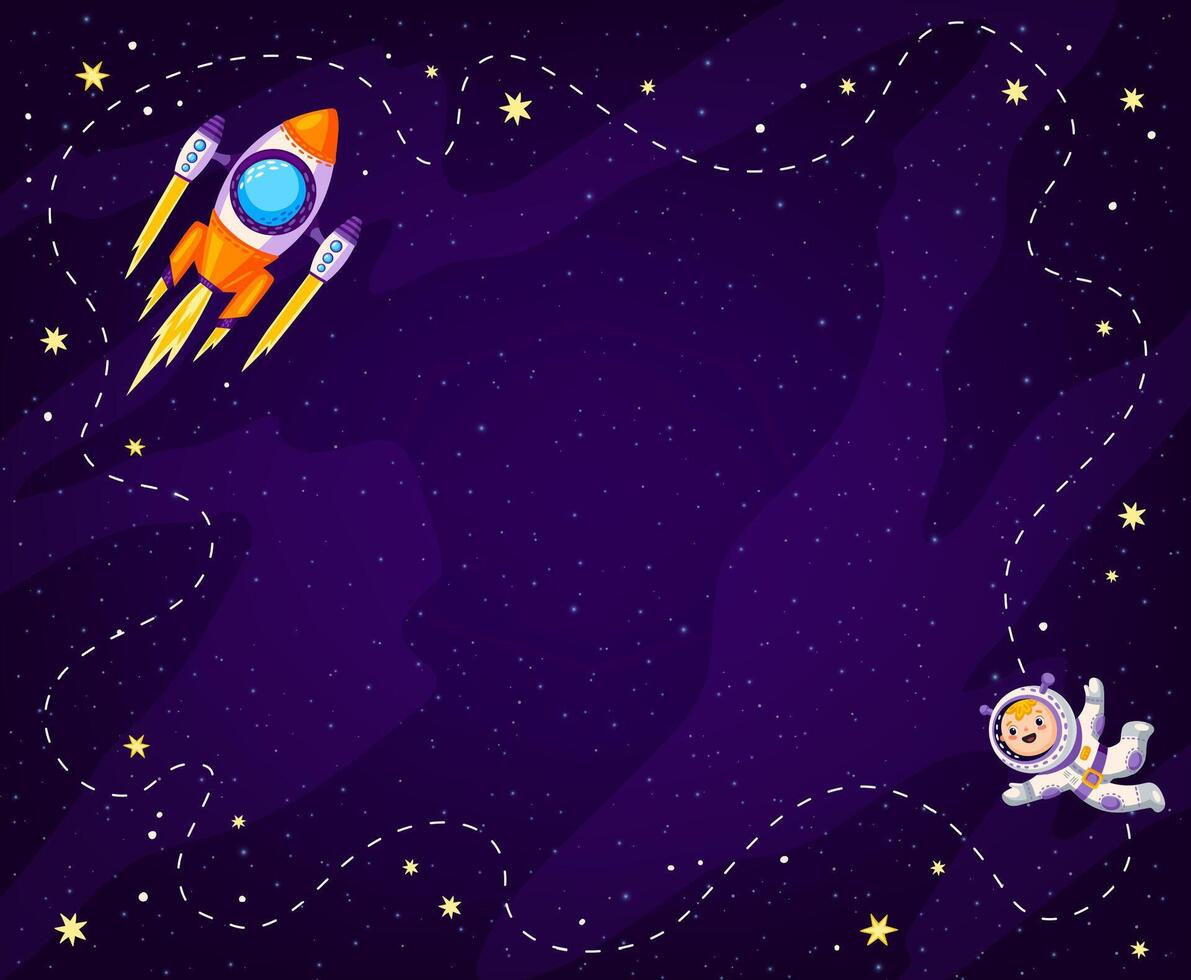 Cartoon kids space background with planets, rocket vector