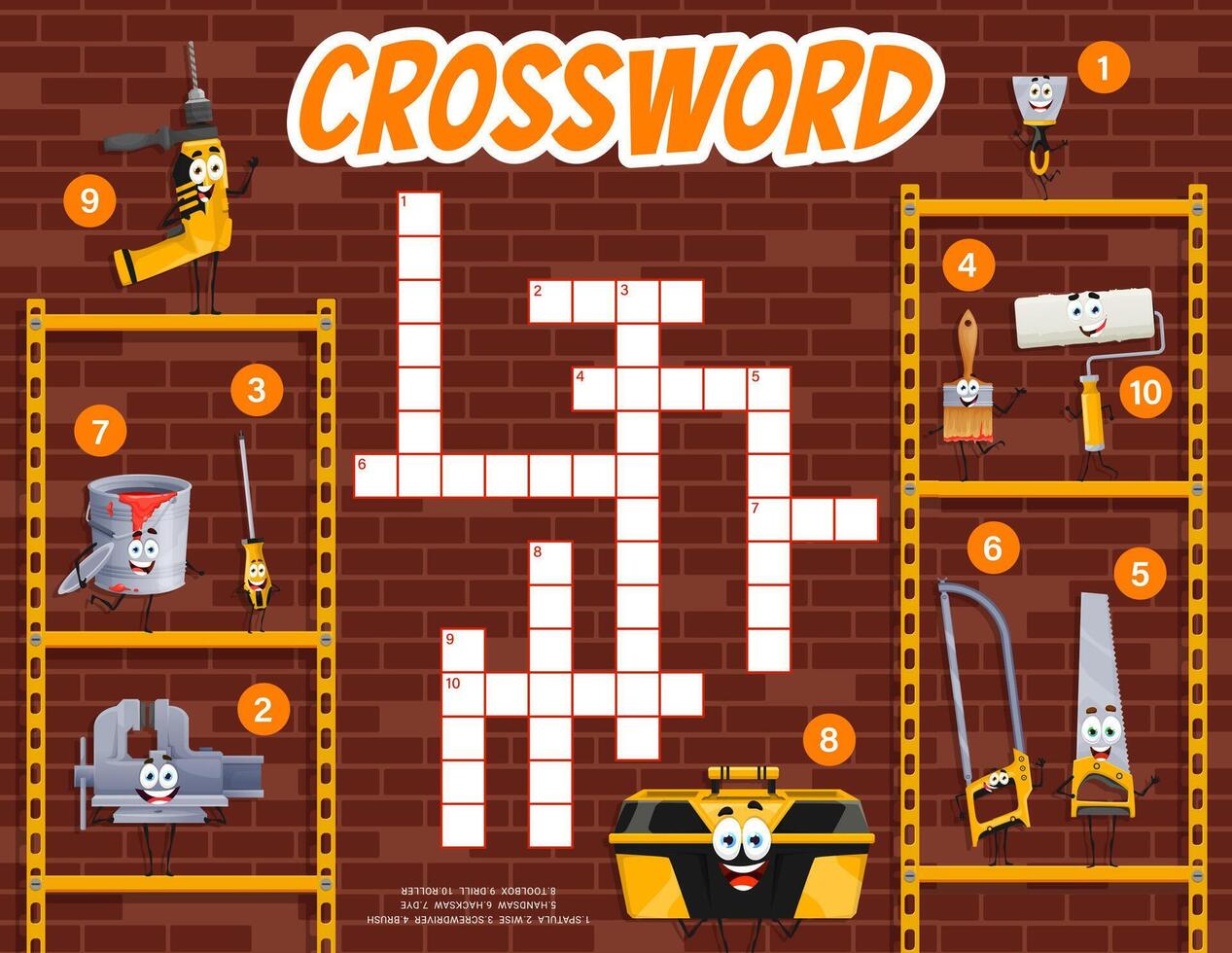 Crossword quiz game grid, cartoon DIY repair tools vector