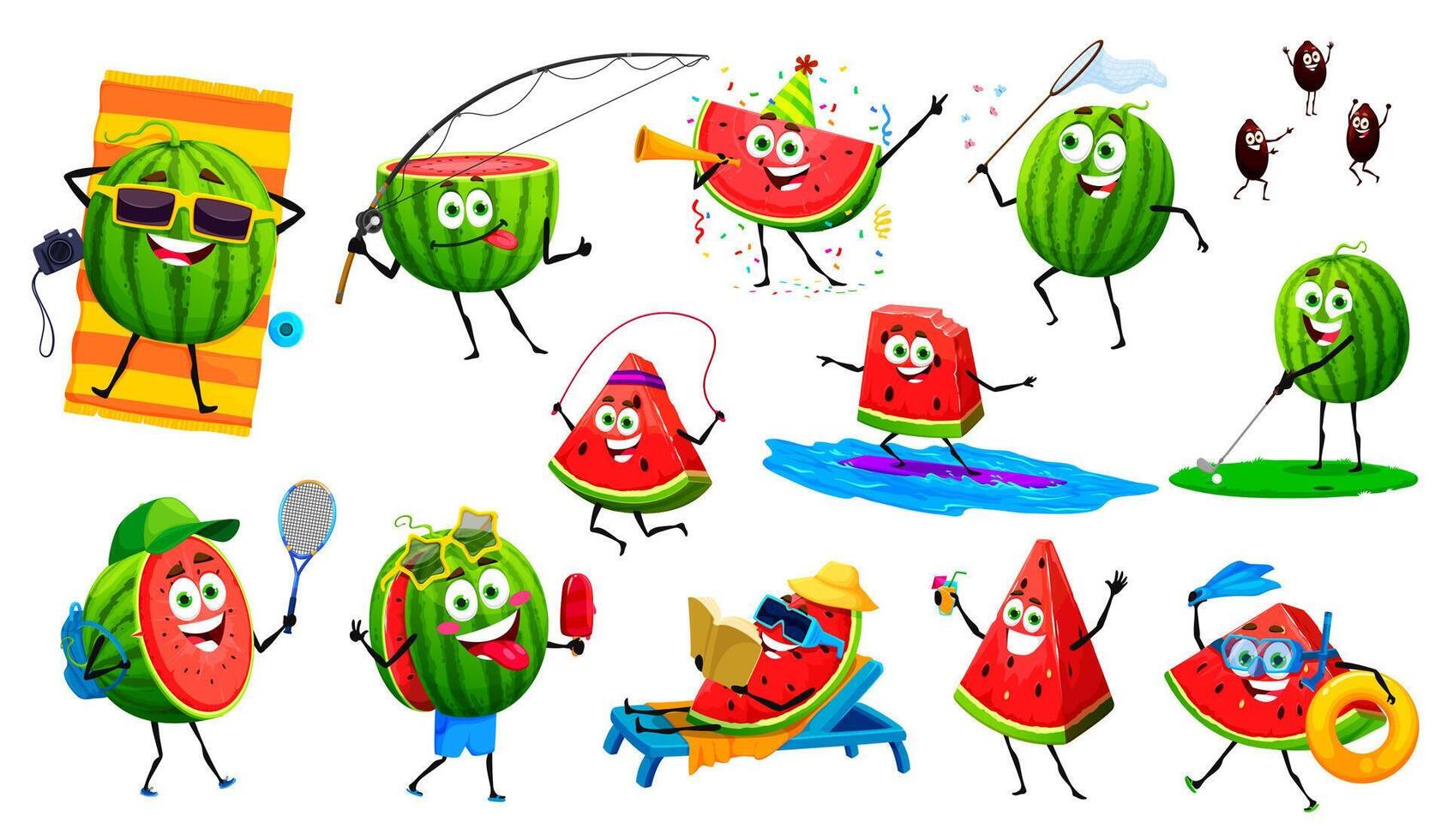 Cartoon watermelon characters on summer vacation vector