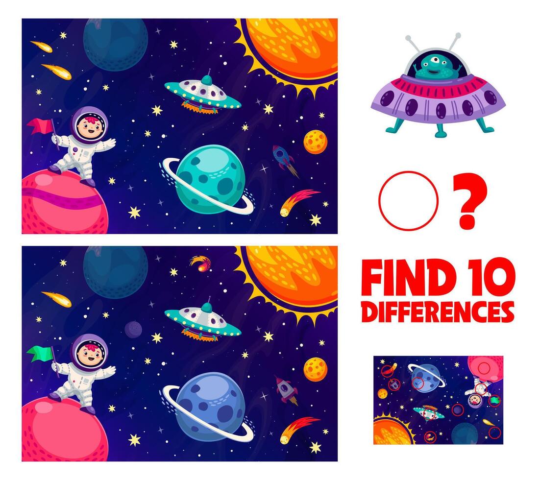 encontrar diez diferencias juego, galaxia espacio paisaje vector